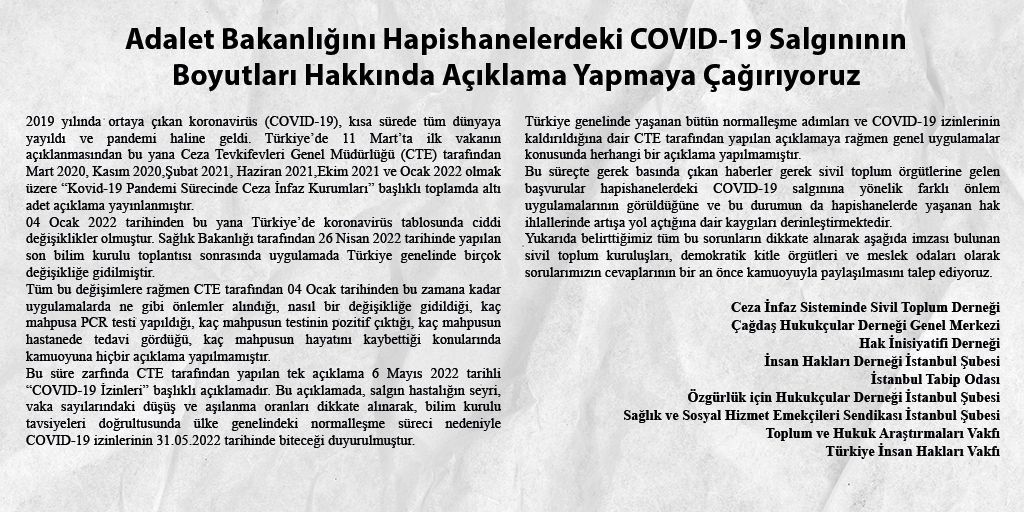 Adalet Bakanlığını Hapishanelerdeki COVID-19 Salgınının Boyutları Hakkında Açıklama Yapmaya Çağırıyoruz