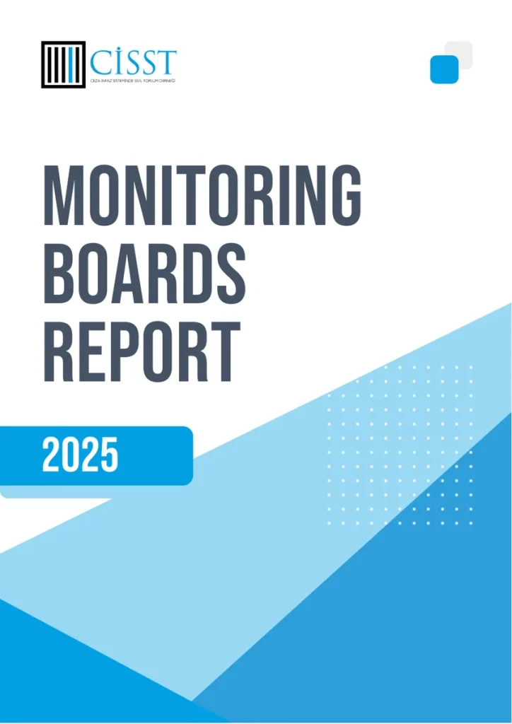 Cover of the CİSST Monitoring Boards Report 2025. "Monitoring Boards Report" in large dark grey letters on a white background, 2025 inside a blue band below, light and dark blue diagonal triangles in the lower half, CİSST logo at the top left.